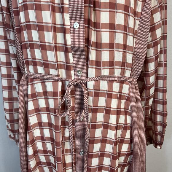 Polagram Dress size Medium Brown Ivory Plaid Midi Prairie Peasant Modest Church - Picture 5 of 9